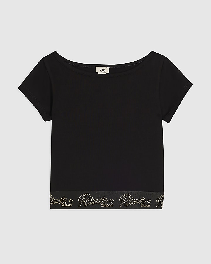 Girls Black Cap Sleeve RI Waistband Top