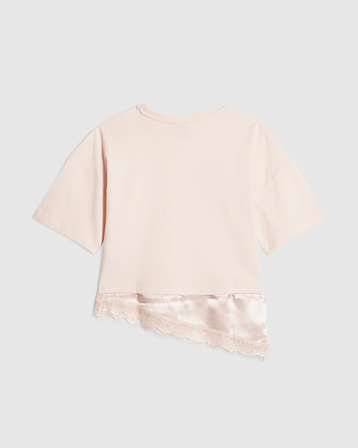 Girls Pink Satin Lace Hem T-Shirt
