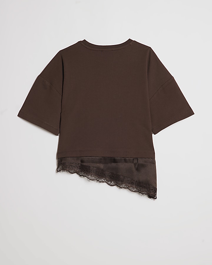 Girls Brown Satin Lace Hem T-Shirt