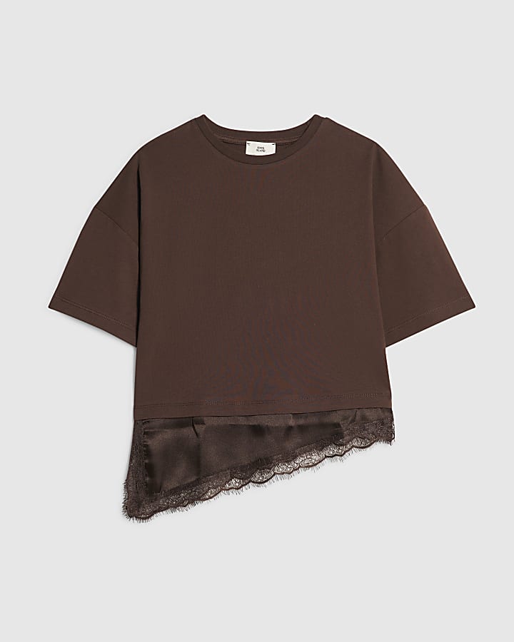 Girls Brown Satin Lace Hem T-Shirt