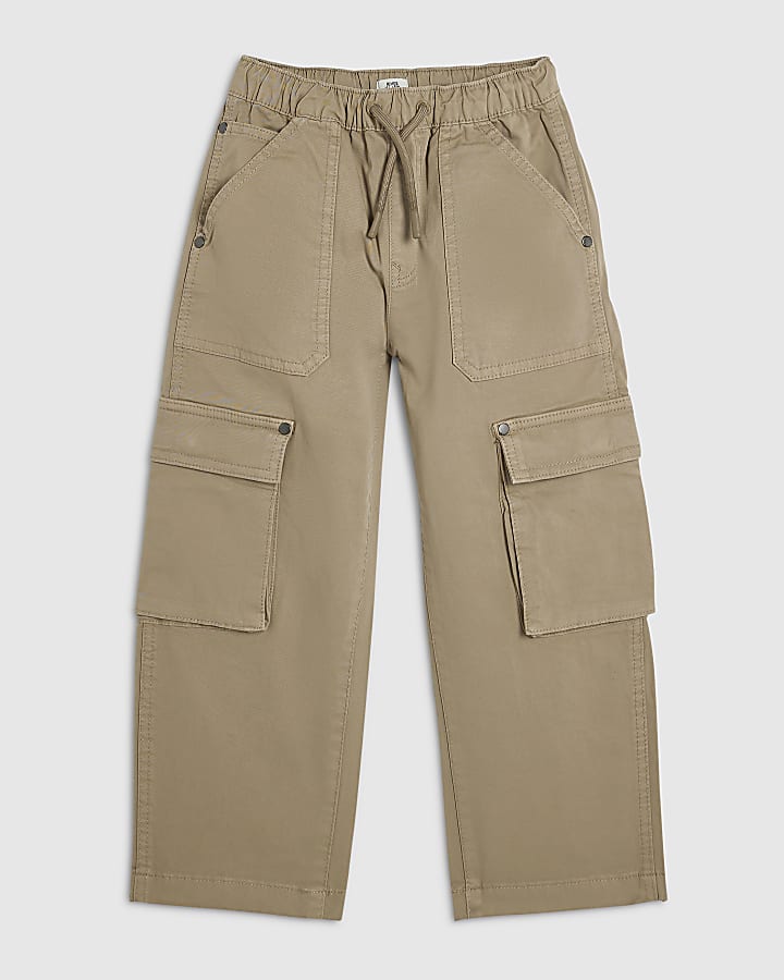 Boys Beige Barrel Leg Cargo Trousers
