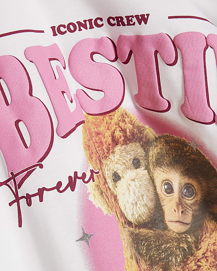 Girls White Bestie Club Monkey T-Shirt