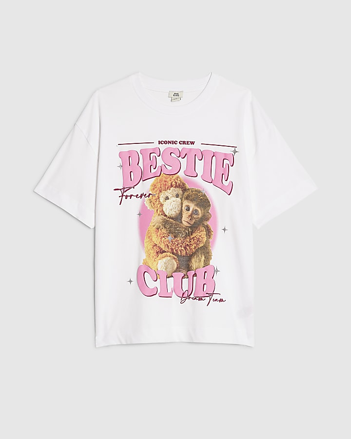 Girls White Bestie Club Monkey T-Shirt