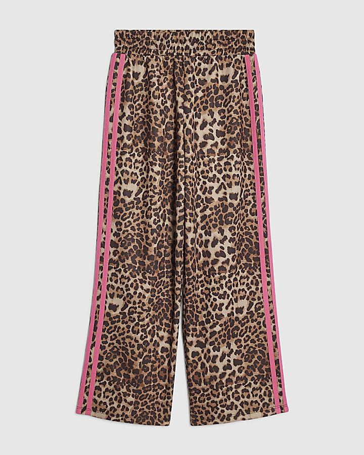 Girls Brown Leopard Print Side Stripe Joggers