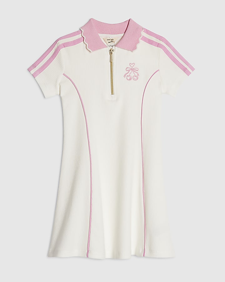 Mini Girls Cream Ribbed Cherry Polo Dress