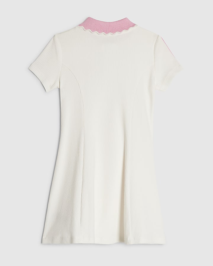 Mini Girls Cream Ribbed Cherry Polo Dress