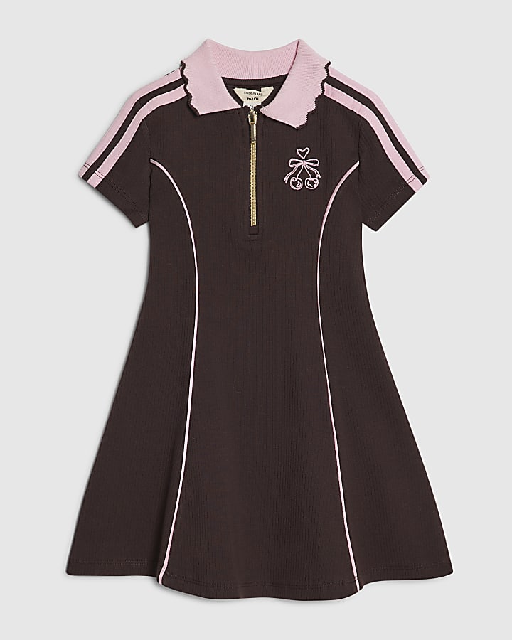 Mini Girls Brown Ribbed Zipped Polo Dress