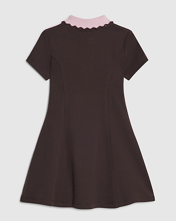 Mini Girls Brown Ribbed Zipped Polo Dress