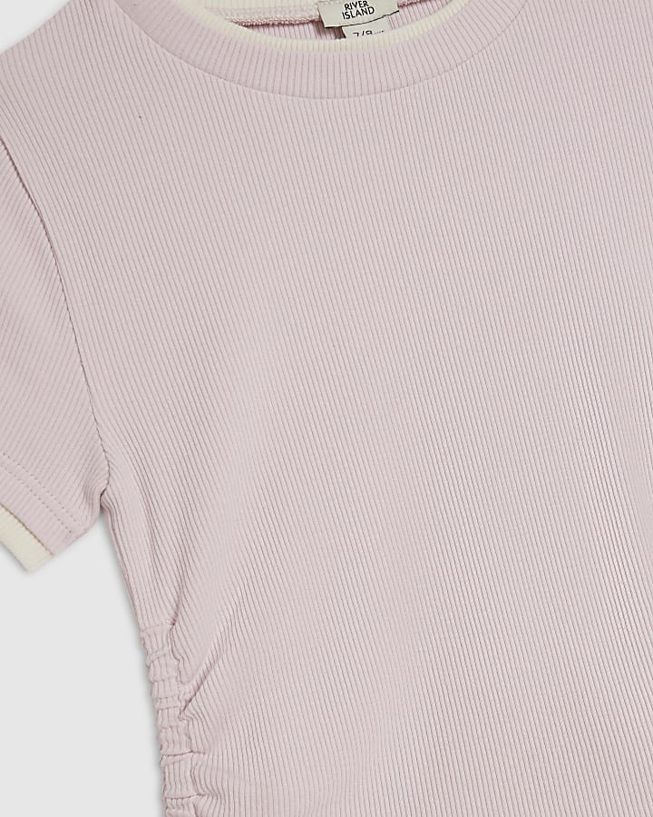 Girls Pink Ruched Ribbed Top And Trousers Set