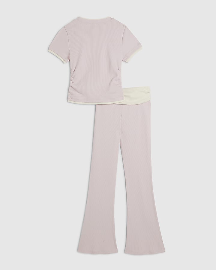 Girls Pink Ruched Ribbed Top And Trousers Set