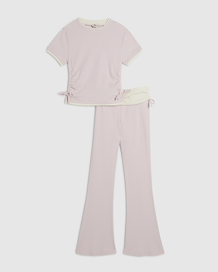 Girls Pink Ruched Ribbed Top And Trousers Set
