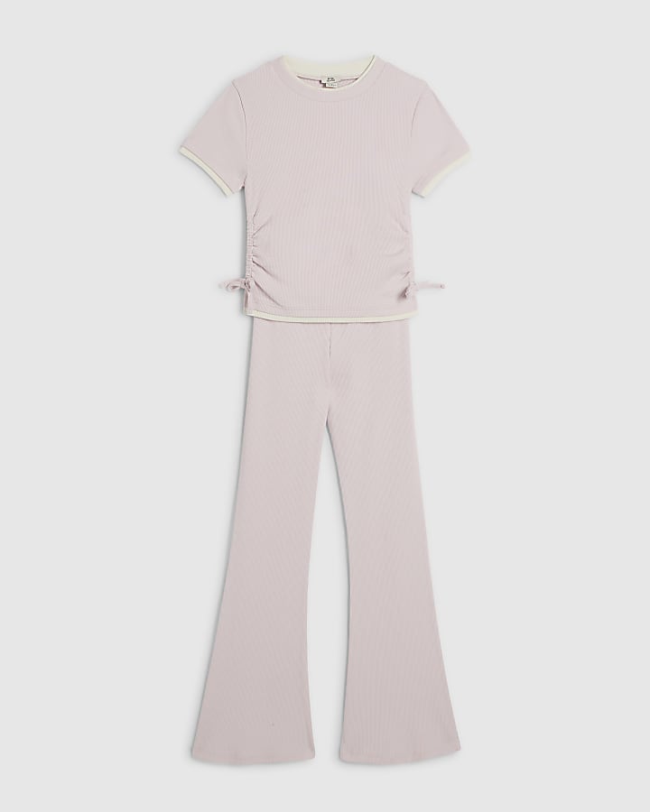 Girls Pink Ruched Ribbed Top And Trousers Set