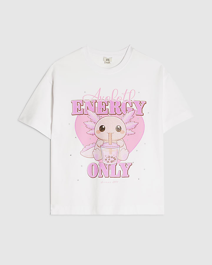 Girls White Oversized Axolotl Energy T-Shirt