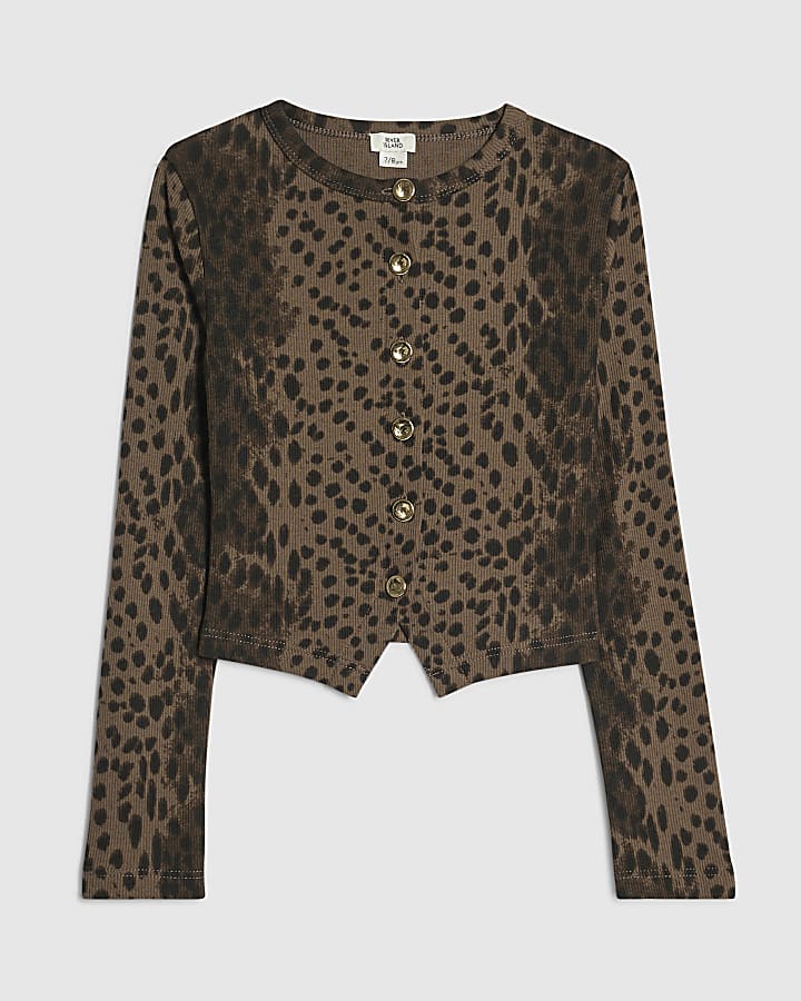 Girls Brown Leopard Print Button Up Top