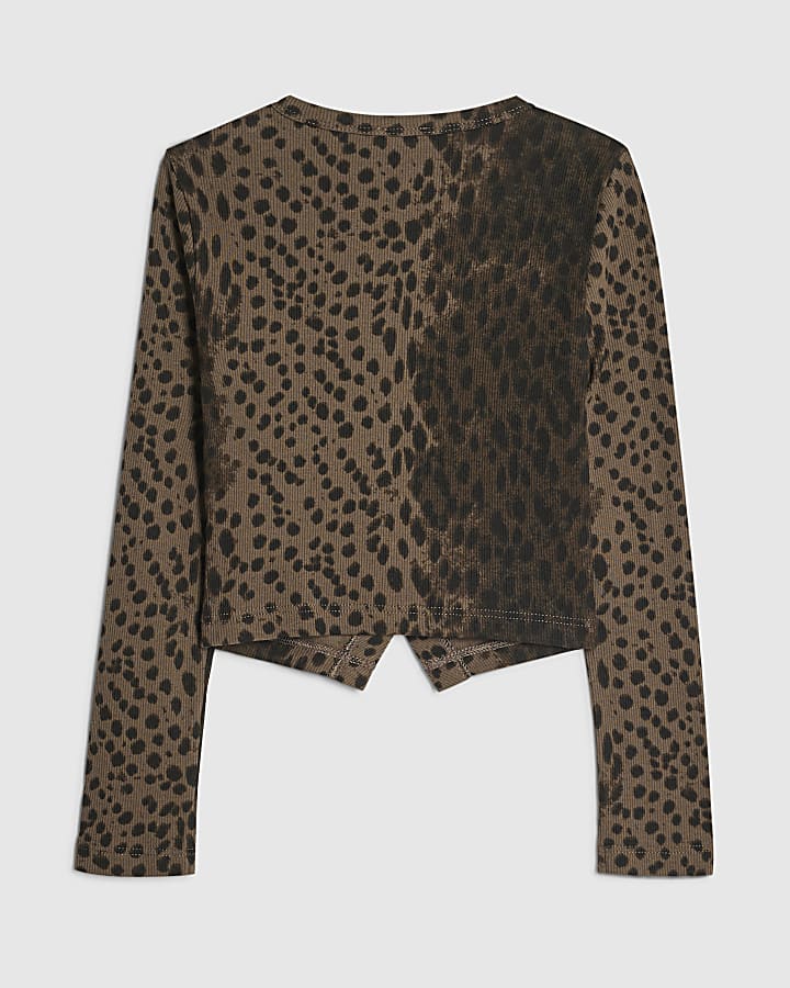 Girls Brown Leopard Print Button Up Top