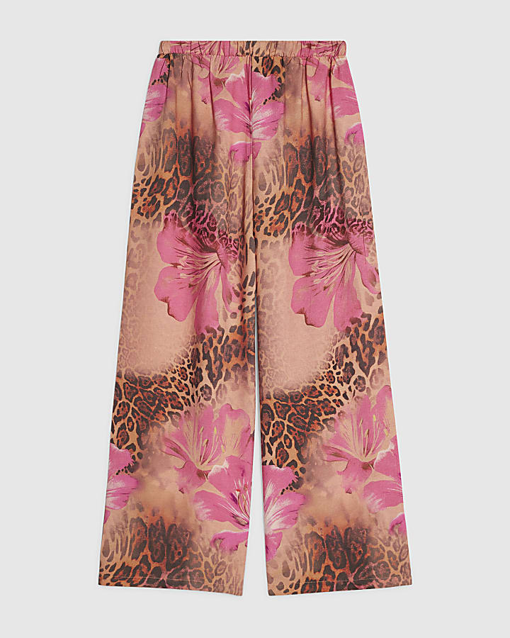 Girls Pink Leopard Print Wide Leg Trousers