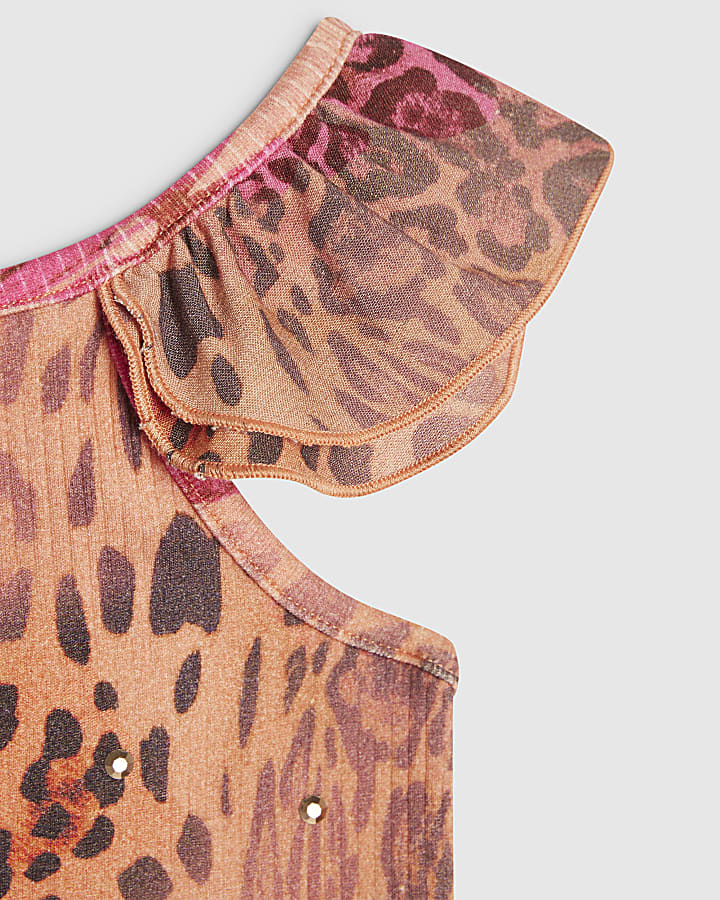 Girls Pink Leopard Frilled Short Sleeves Top
