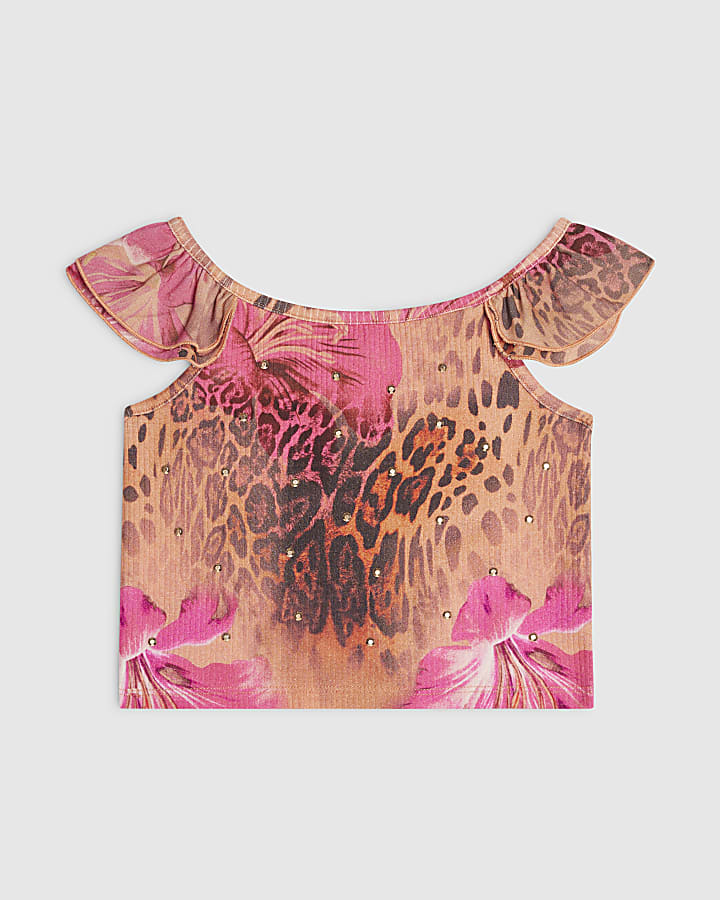 Girls Pink Leopard Frilled Short Sleeves Top