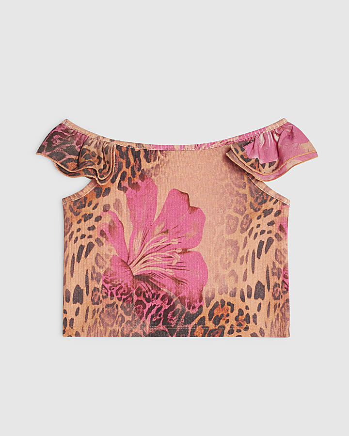 Girls Pink Leopard Frilled Short Sleeves Top