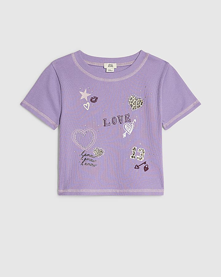 Girls Purple Sequin Embroidered Love T-Shirt