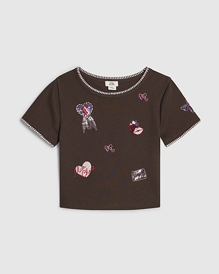 Girls Brown Sequin Embroidered T-Shirt