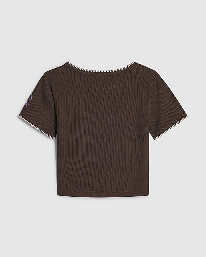 Girls Brown Sequin Embroidered T-Shirt