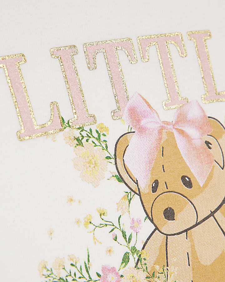 Mini Girls White Floral Bear T-Shirt