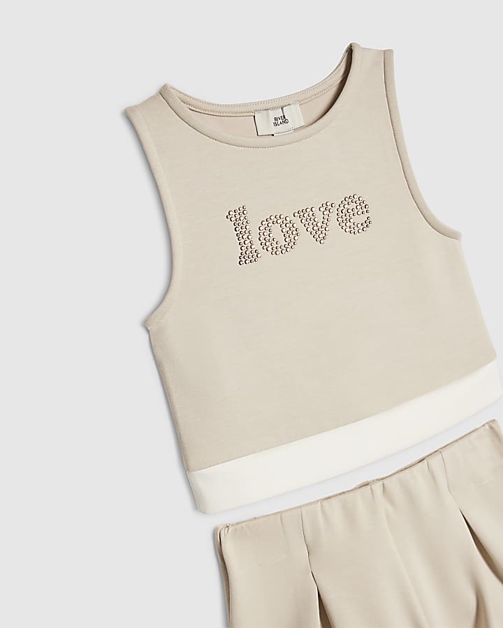 Girls Cream Premium Tank Top & Shorts Set