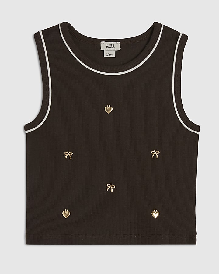 Girls Brown Ribbed Charmed Tank Top