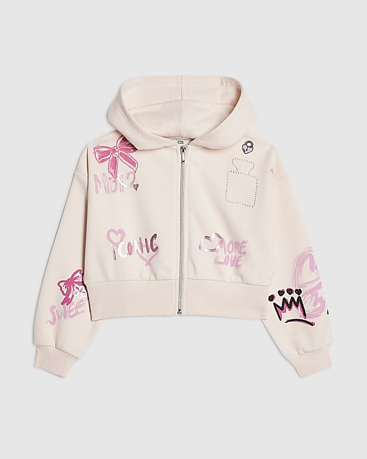Girls Pink Graffiti Icon Zip Up Hoodie