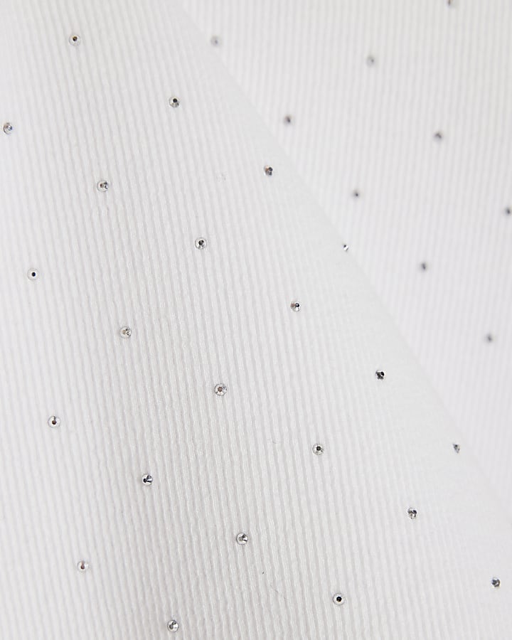 Girls White Embellished Button Ribbed Top