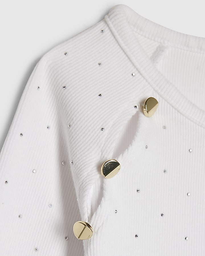 Girls White Embellished Button Ribbed Top