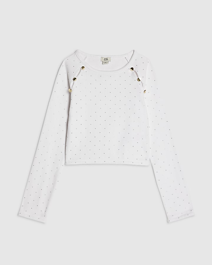 Girls White Embellished Button Ribbed Top