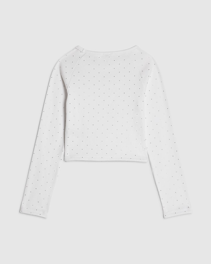 Girls White Embellished Button Ribbed Top