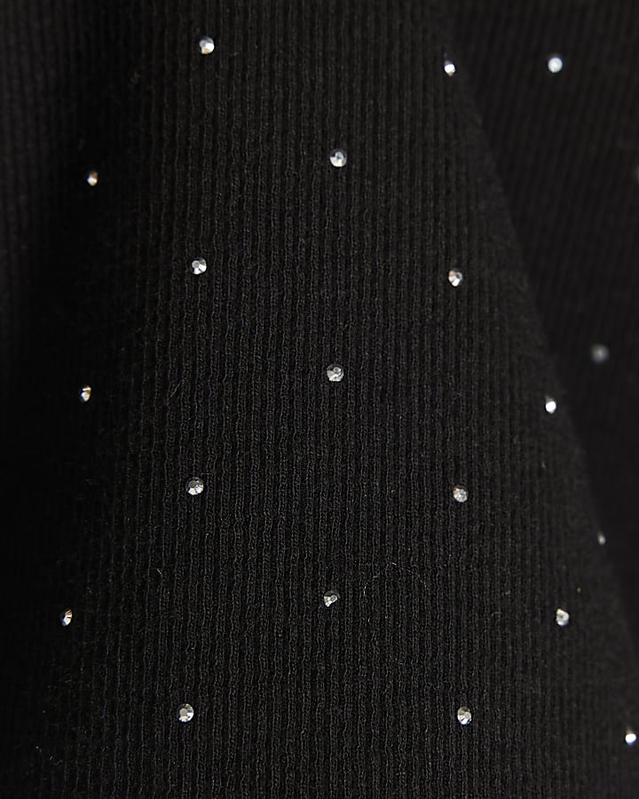 Girls Black Embellished Button Ribbed Top