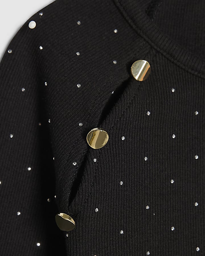 Girls Black Embellished Button Ribbed Top