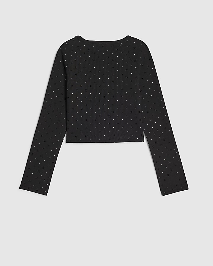Girls Black Embellished Button Ribbed Top