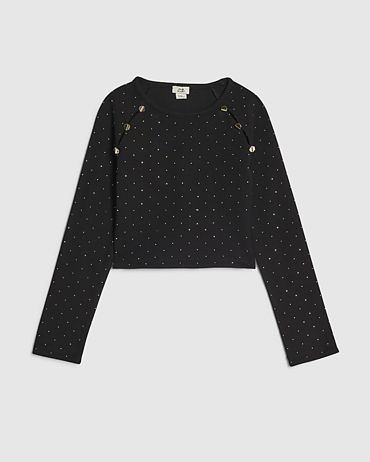 Girls Black Embellished Button Ribbed Top