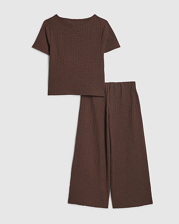 Mini Girls Brown Textured Wide Leg Set