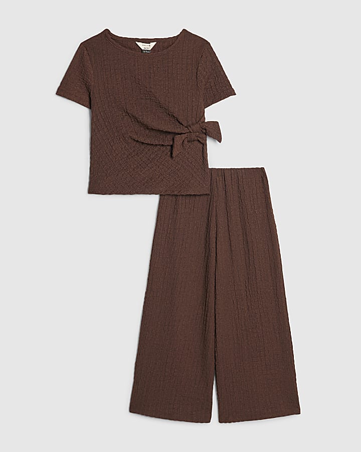 Mini Girls Brown Textured Wide Leg Set