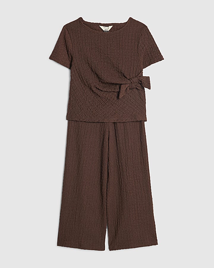Mini Girls Brown Textured Wide Leg Set