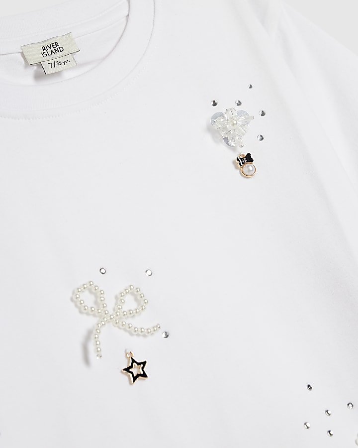 Girls Cream Bow Charm Short Sleeve T-Shirt