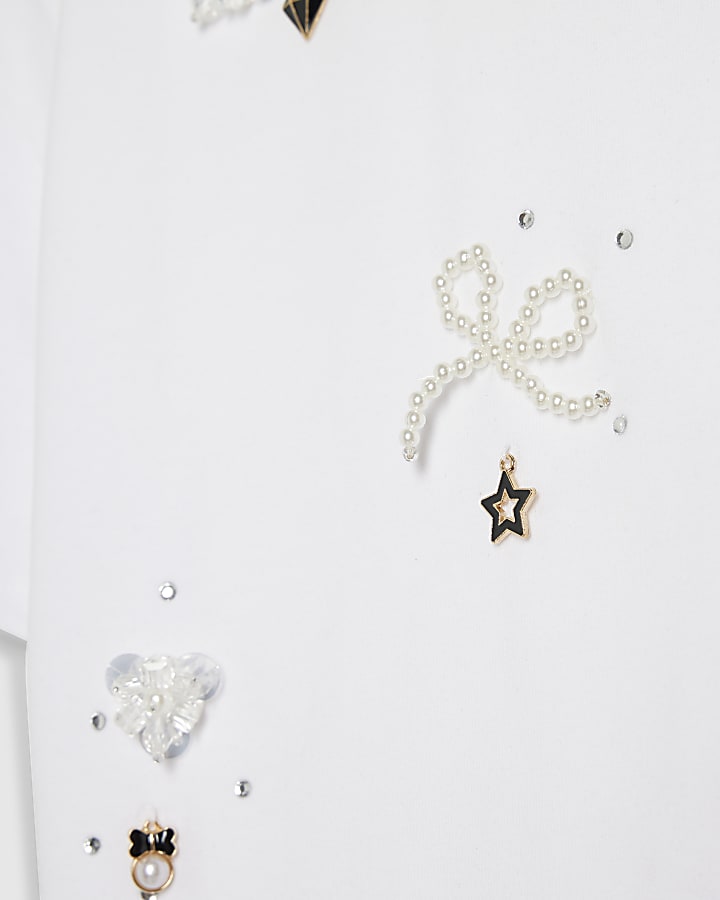 Girls Cream Bow Charm Short Sleeve T-Shirt