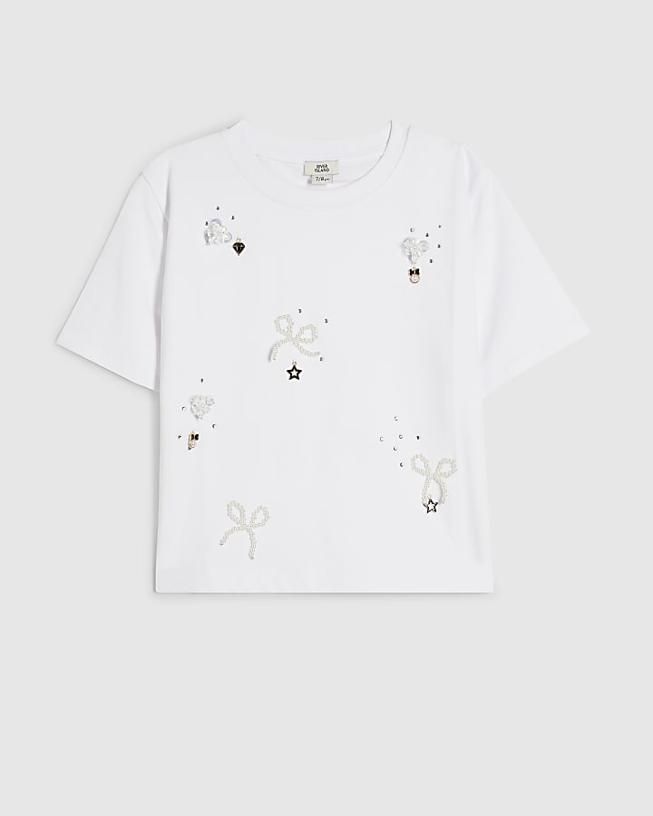 Girls Cream Bow Charm Short Sleeve T-Shirt