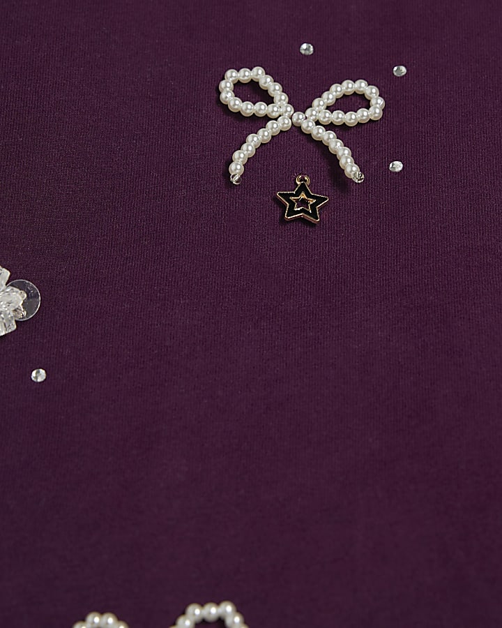 Girls Purple Bow Charm Short Sleeve T-Shirt
