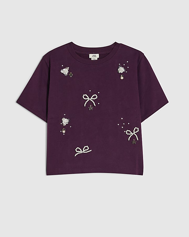 Girls Purple Bow Charm Short Sleeve T-Shirt