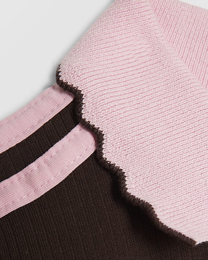 Girls Brown Ribbed Zip Cherry Bow Polo Dress