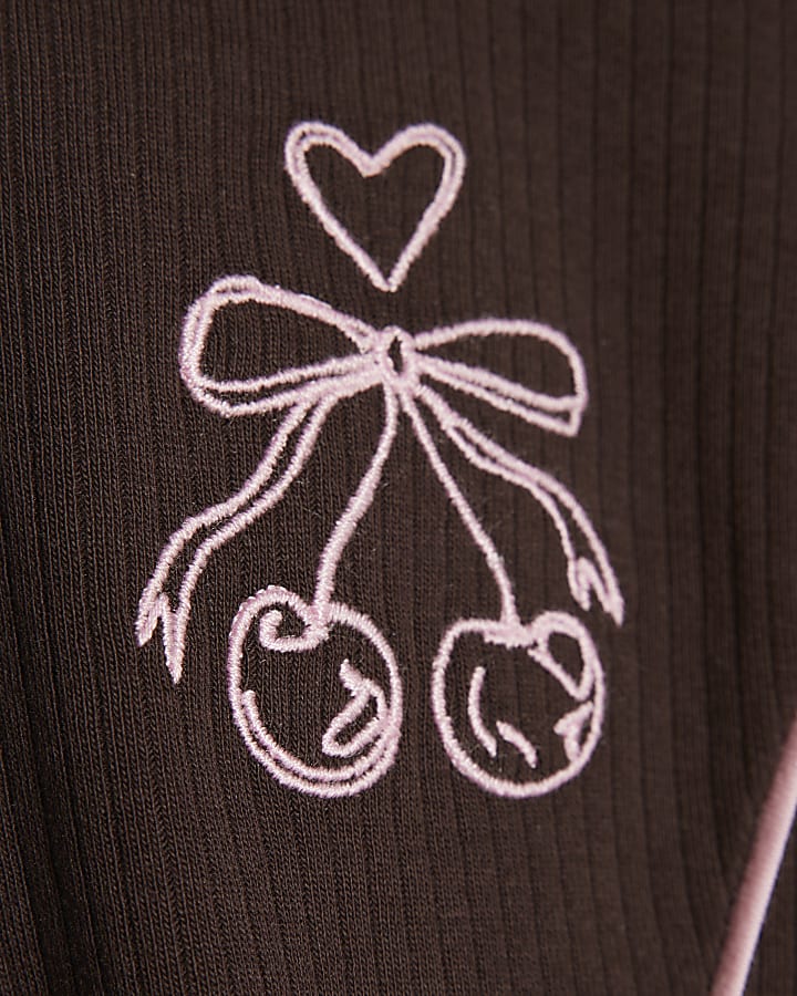 Girls Brown Ribbed Zip Cherry Bow Polo Dress