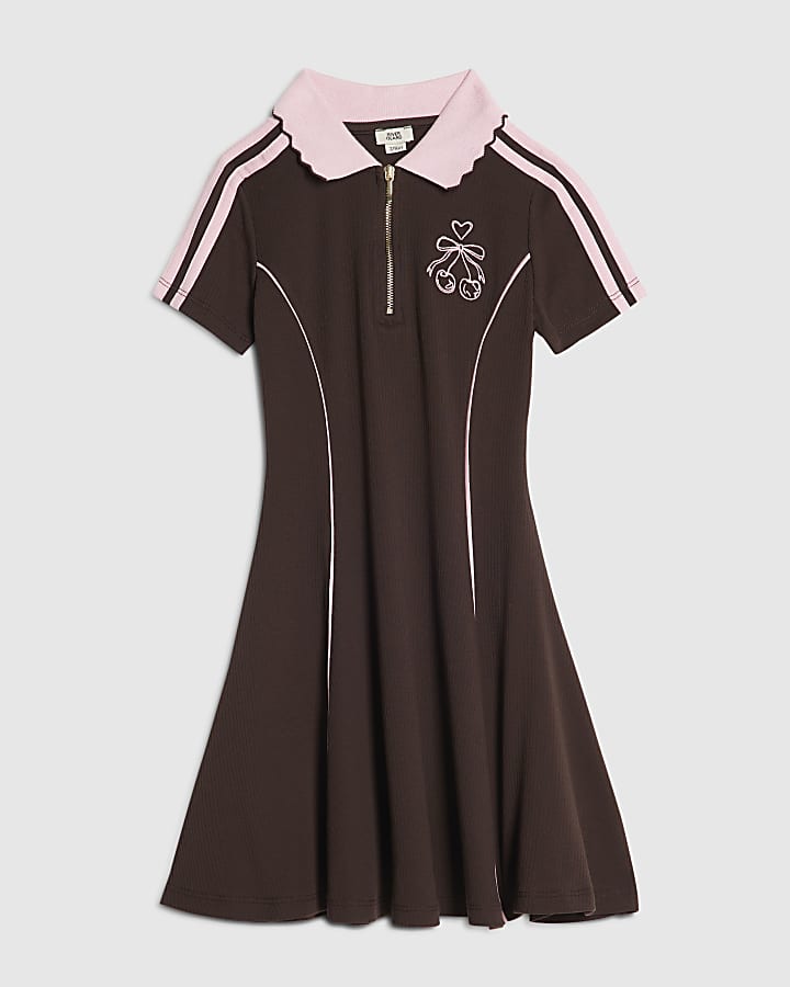 Girls Brown Ribbed Zip Cherry Bow Polo Dress