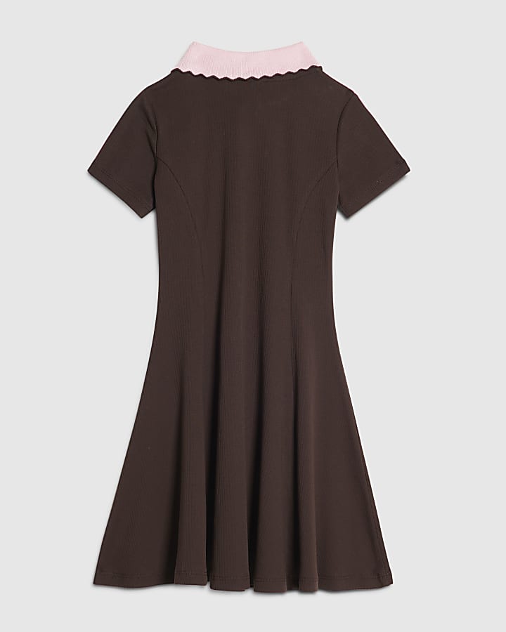 Girls Brown Ribbed Zip Cherry Bow Polo Dress